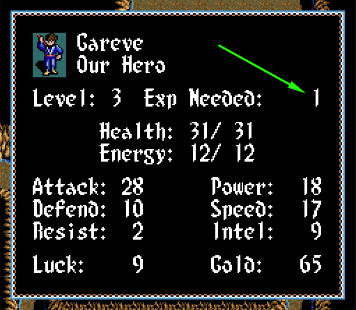 In-game status screen showing Exp Needed: 1 after applying the EASY patch